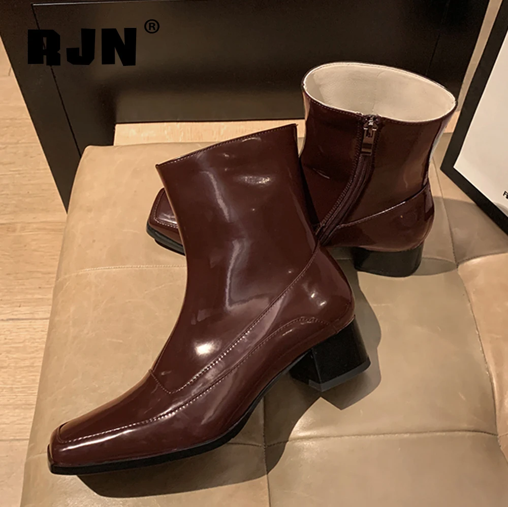 RJN New Fashion Ankle Boots Classic Little Square Toe Zipper High-quality Cow Leather Women Shoes Mid Heel Black RO200 | Обувь