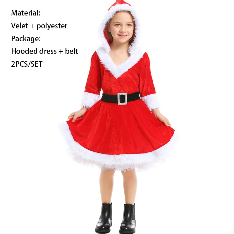 Для маленьких девочек Рождество Санта Клаус костюм для участия в рождественском представлении костюм детские новогодние Детская одежда с капюшоном+ ремень, Детские платья для девочек 2 шт. в комплекте - Цвет: as picture