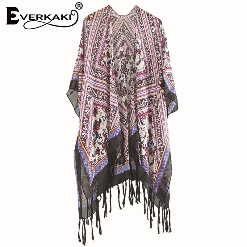 Everkaki цыганское пальто с цветочным принтом Kimonos летнее пляжное кисточками для