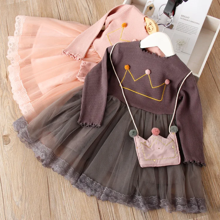 Одежда для девочек с длинными рукавами; Новая Осенняя детская одежда; модное Сетчатое платье принцессы с вышивкой; сумка с героями мультфильмов; платье для малышей