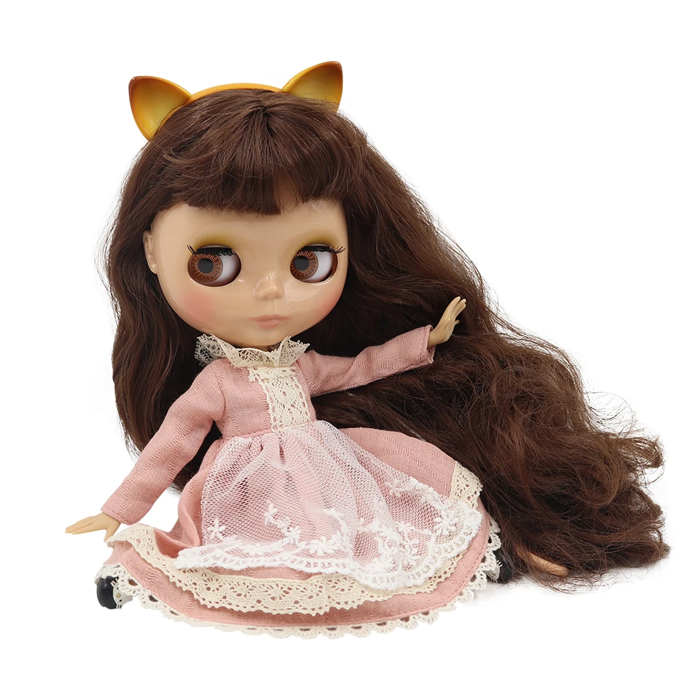 1/6 фабричная кукла blyth, игрушка из коричневых волос с челкой, загорелая кожа, повязка на голову для кошки, красное платье, обувь для кошки, комбинация 1/6, 30 см
