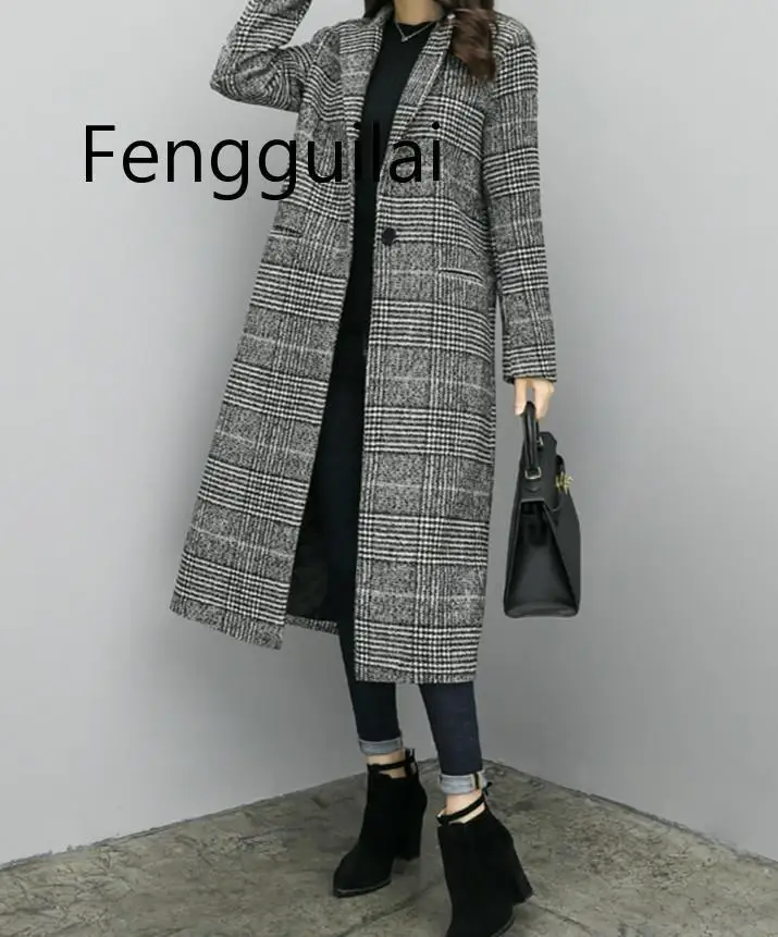 FENGGUILAI  Wool Coat Plaid Women Loose Long Single Breasted Woolen Coats Winter Coat Woolen Overcoat 2020 Wool Jackets Trench