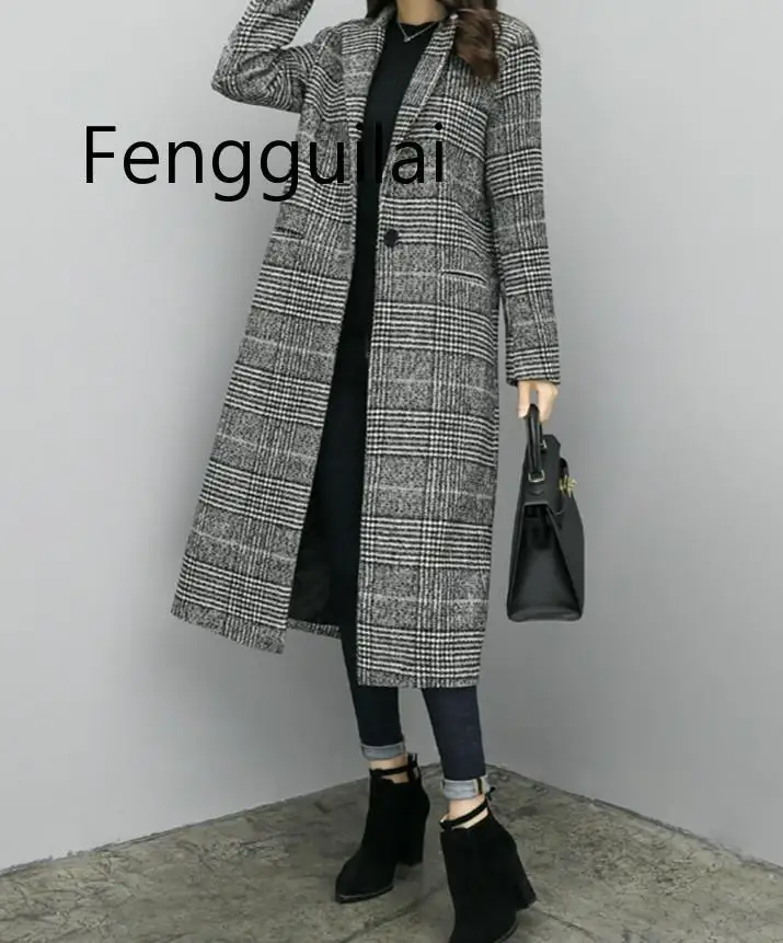 FENGGUILAI  Wool Coat Plaid Women Loose Long Single Breasted Woolen Coats Winter Coat Woolen Overcoat 2020 Wool Jackets Trench 2020 winter warm thickening wool gloves knitted flip fingerless exposed finger thick gloves without fingers mittens glove women