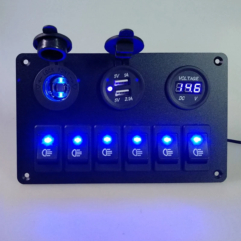  Cargador USB ABS 12V 24V 6 Gang Rocker interruptor Panel Dual USB impermeable circuito azul LED coc
