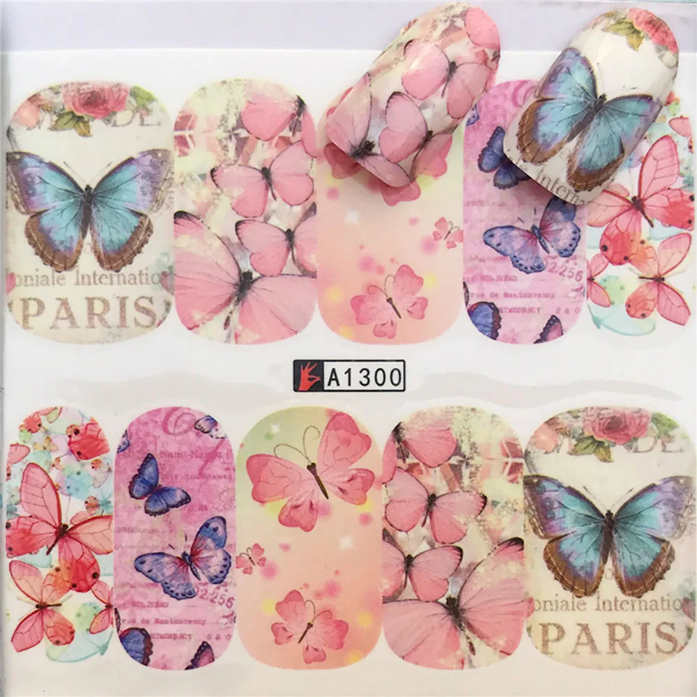 Nails Stickers Maple Leaf Seahorse Nail Sticker Pattern Transfer Nails Series Watermark Nail Decals Flowers Butterflies Color