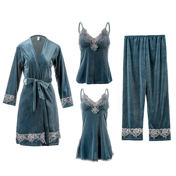 

Velvet 4PCS Sleepwear Lady Pajamas Set Nightwear Soft Intimate Lingerie Sleep Set Sexy Lace Strap Top&Pants Velour Kimono Robe