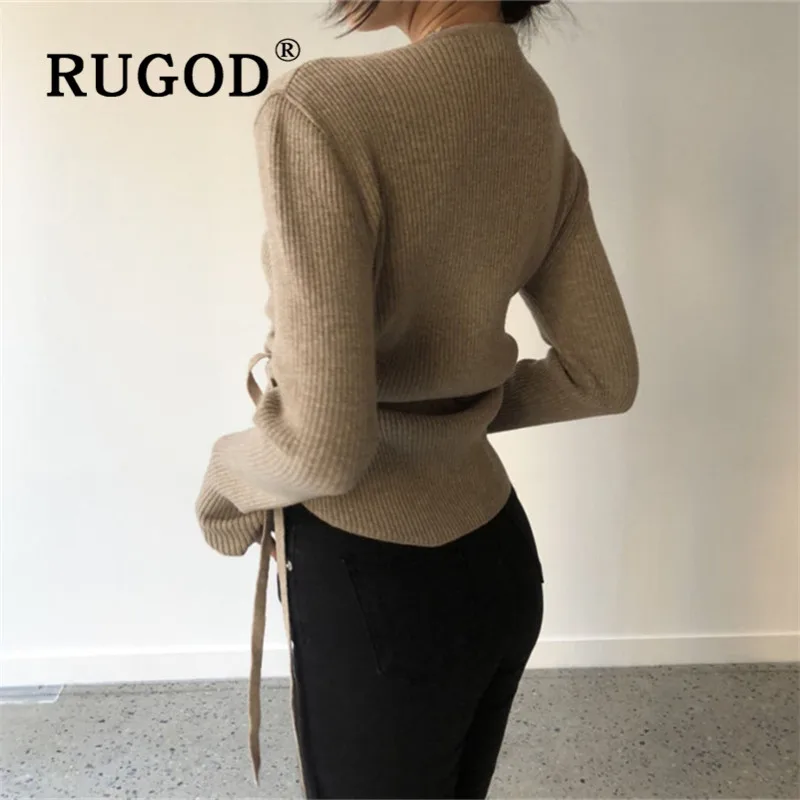 RUGOD модный сексуальный вязаный свитер на шнуровке женский корейский винтажный короткий пуловер с v-образным вырезом и длинным рукавом новая весенняя Туника Свитер Топ
