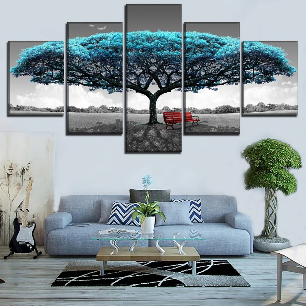 

5 Piece Park Landscape Blue Tree Bench PicturesHigh Quality Canvas Print Poster For Modern Living Room Wall Art Home Decorative
