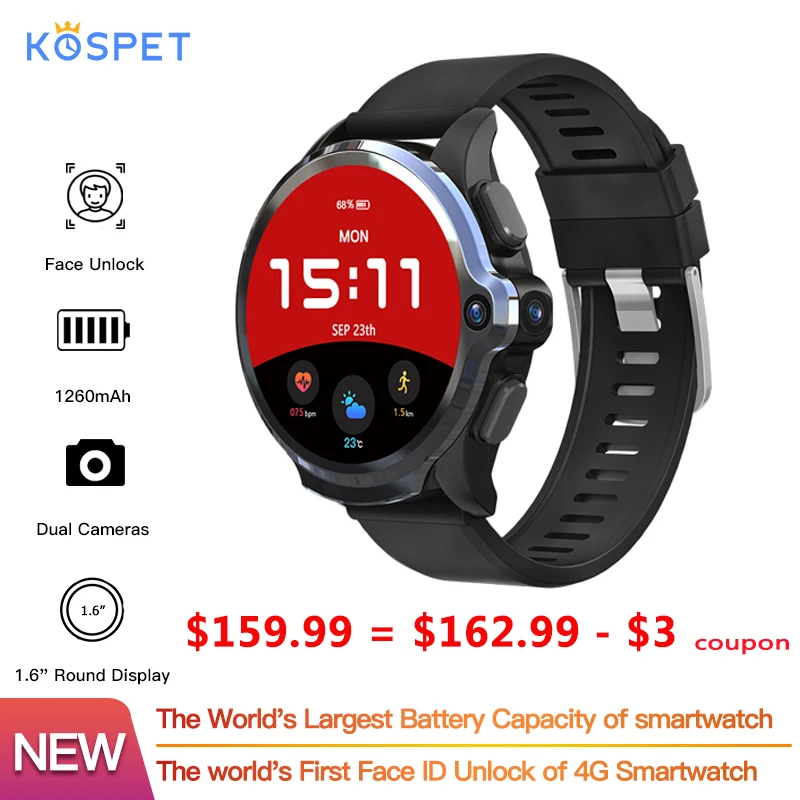 Смарт-часы KOSPET Prime, 4G, 3G, 32G, 1260 мАч, батарея, двойная камера, Face ID, unclok, 1,6 дюймов, 4G, Android, Смарт-часы, камера, gps, BT