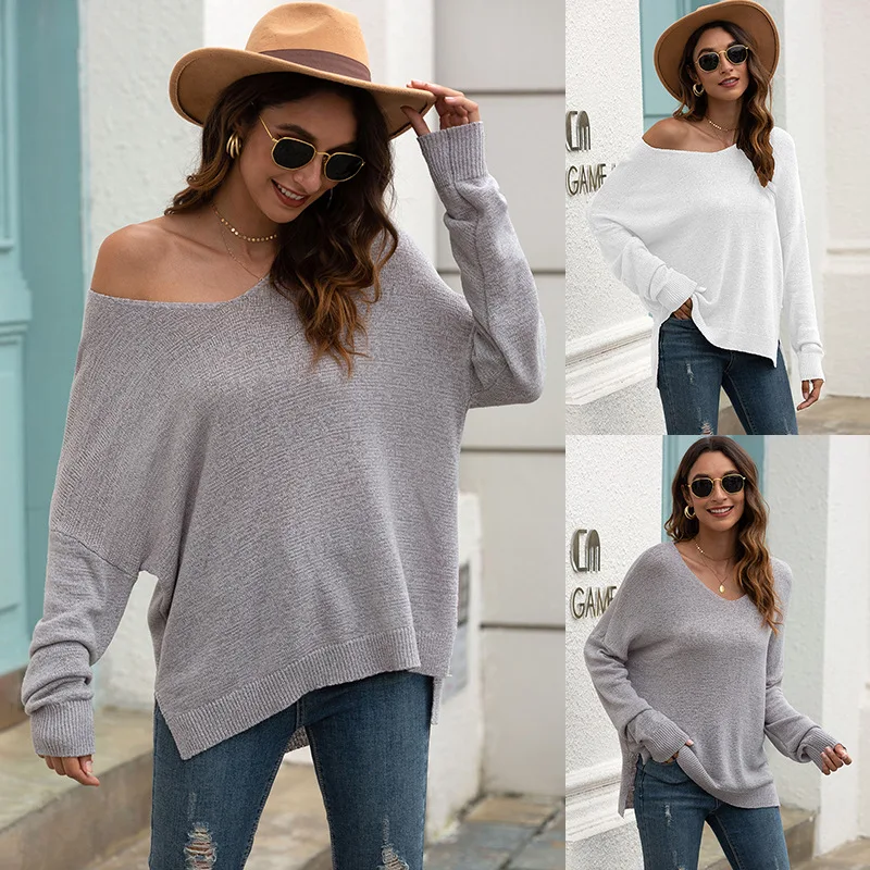 

Women Casual Knitted Autumn Sweater Elegant Sweater Strapless Tops Vintage Long Sleeves V-Neck Loose Solid Pullover Sweater
