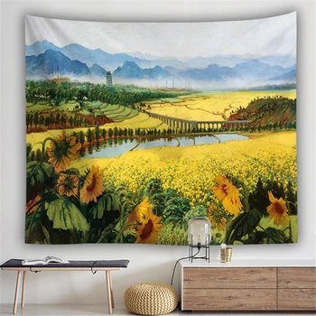 

Landscape Wild Field Sunflower Printed Wall Hanging Tapestry Nature Mountain Boho Couch Blanket Wall Carpet Farmhouse Decor Home