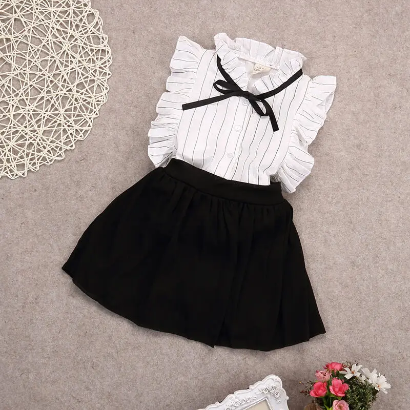 

Brand New Baby Set 2 Pieces Set Girls Dress Kids Baby Toddler Tops Skirt Shorts Outfits Clothes Ruffles Bow Stripe Fashion 2019