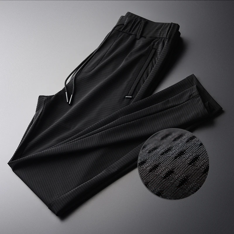 

Hollow Out Fabric Silky Breathable New Summer Thin Silm Black Comfortable Men Pants Plus Size M XL 2XL 3XL 4XL
