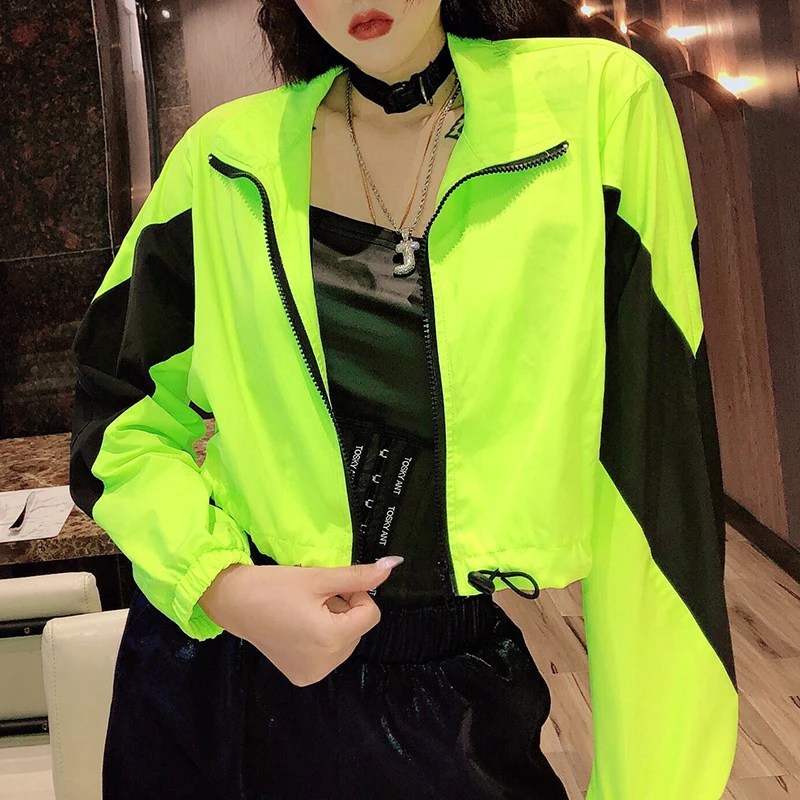 buy  ALLNeon Neon Green Streetwear Women's Jacket Patchwork Coats Long Sleeve Autumn Short Coat 2019 New