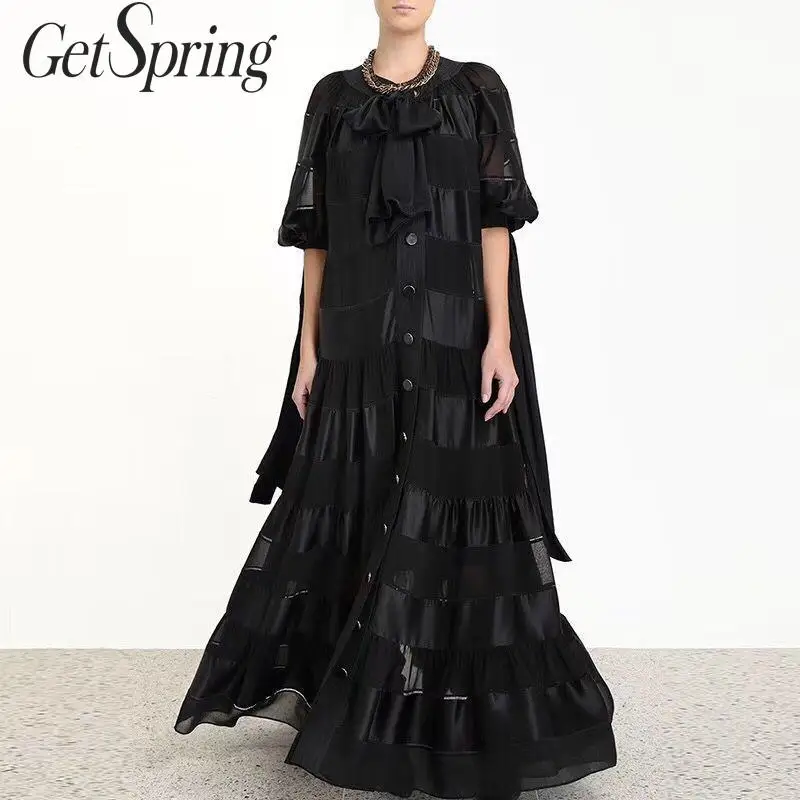 GetSpring женское платье с бантом в стиле пэчворк Макси платья однобортные пышными