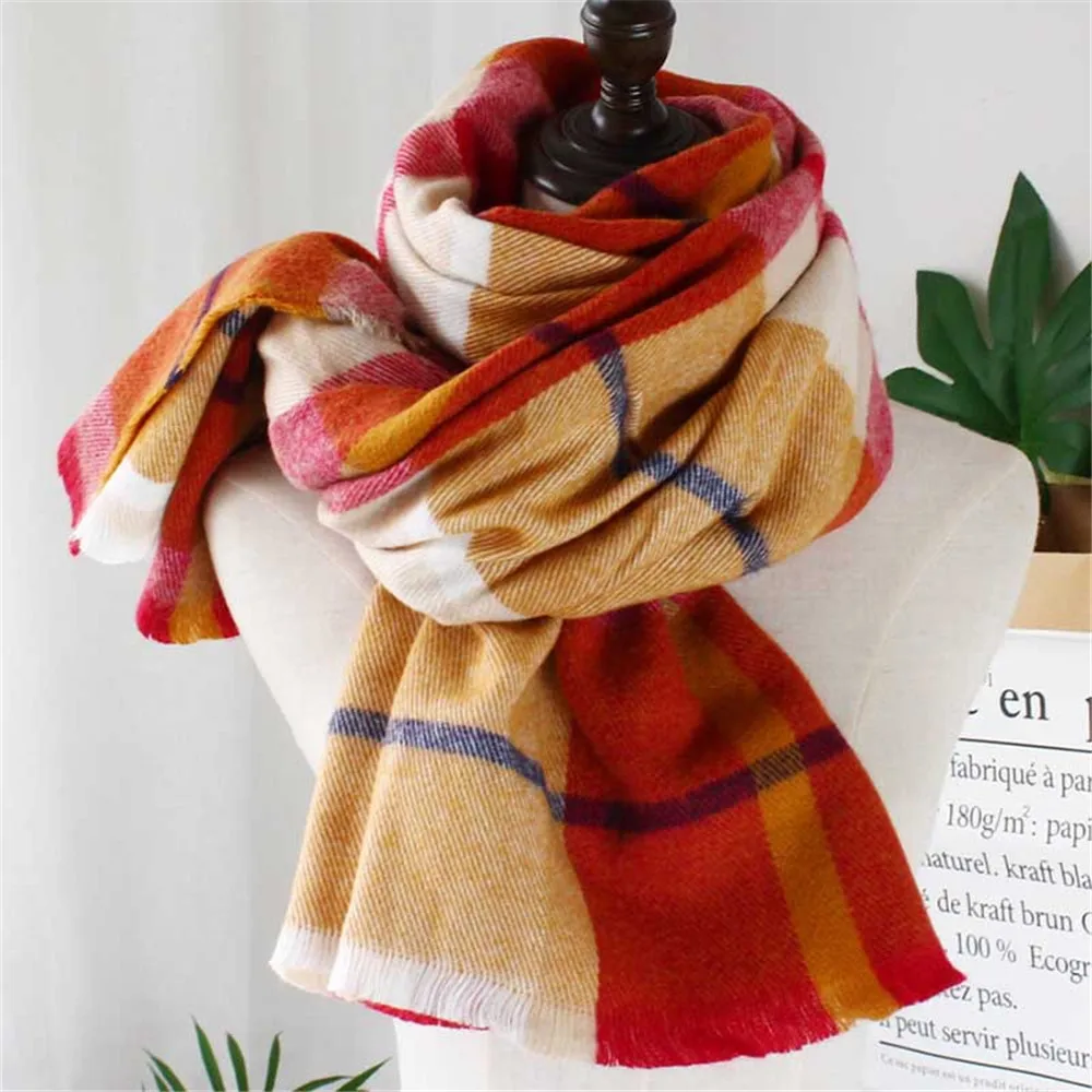 

Women Plaid Scarves with Raw Edges Ladies Girls Warm Capes Soft Rectangle Shawls Woven Checks Wraps Female Long Winter Scarf