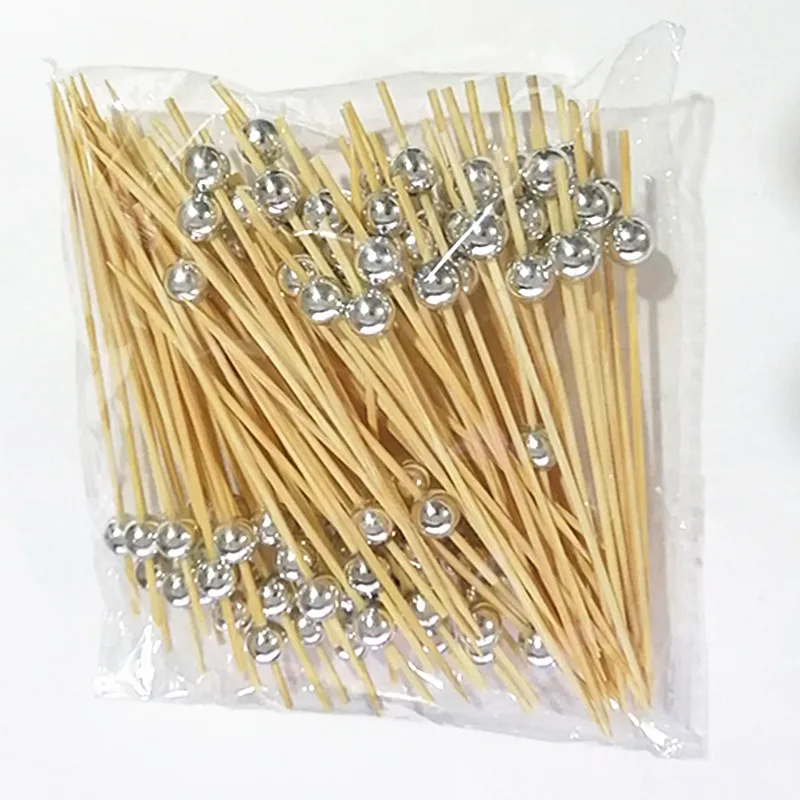 silver XUNZHE 100 шт 12 см Серебряный бисерный фруктовый знак Коктейльная Десертная Вилка деревянная фруктовая закуска зубочистка бусина фруктовая деревянная зубочистка - Цвет: silver