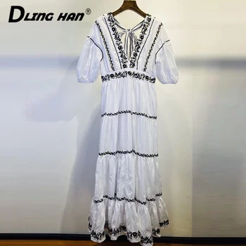 

LINGHAN Sexy V-Neck Backless Embroidery Long Dress Fashion Sequined Puff Sleeve Party Dresses Designer Women Summer New