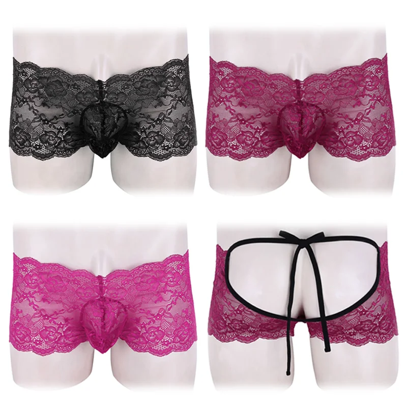 Erotic Sissy Panties Mens Lingerie See Through Floral Lace Up Low Rise String Pouch Thong Lace Briefs Sexy Gay Tanga Underwear