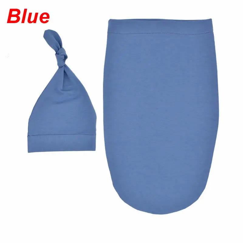 Blue Спальный мешок для новорожденных; однотонное Пеленальное Одеяло; пеленка для сна; муслиновая накидка+ шапочка; комплект из 2 предметов для новорожденных - Цвет: Blue
