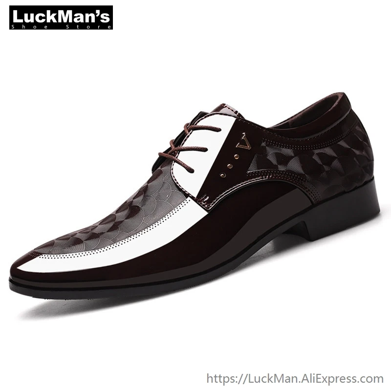 LuckMan/итальянские туфли-оксфорды для мужчин; Дизайнерские мужские черные туфли из лакированной кожи; Мужские модельные туфли с острым носком; коллекция года; классические туфли - Цвет: Коричневый