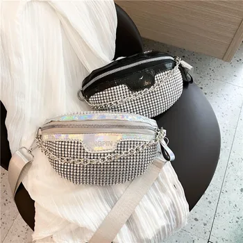 

2020 New Women Waist Bags Full Diamonds Ladies Fanny Pack Fashion Chest Bag Shiny Rhinestone Chain Crossbody Belt Bag