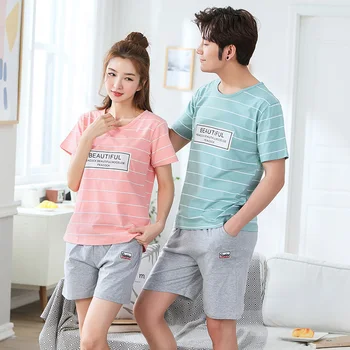

Lounge Gift 100% Cotton Couple Cute Cartoon Pajama Sets For Women 2020 Summer Shorts Pyjama Men Sleepwear Homewear Home Clothing