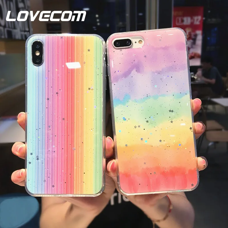 

LOVECOM Bling Glitter Rainbow Star Sequins Case For iPhone XR XS Max 6 6S 7 8 Plus X Full Body Soft Epoxy Phone Back Cover Gift