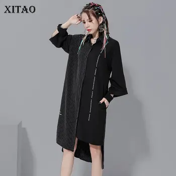 

XITAO Irregular Tide Striped Patchwork Dress Women Clothes 2020 Spring New Plus Size Turn Down Collar Elegant Dress XJ3951