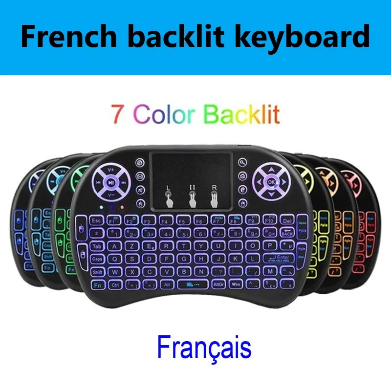 French backlit 2.4G I8 Mini Keyboard Wireless Keyboard Backlit Air Mouse English Russian Spanish French Remote Control for Android TV BOX - Цвет: French backlit