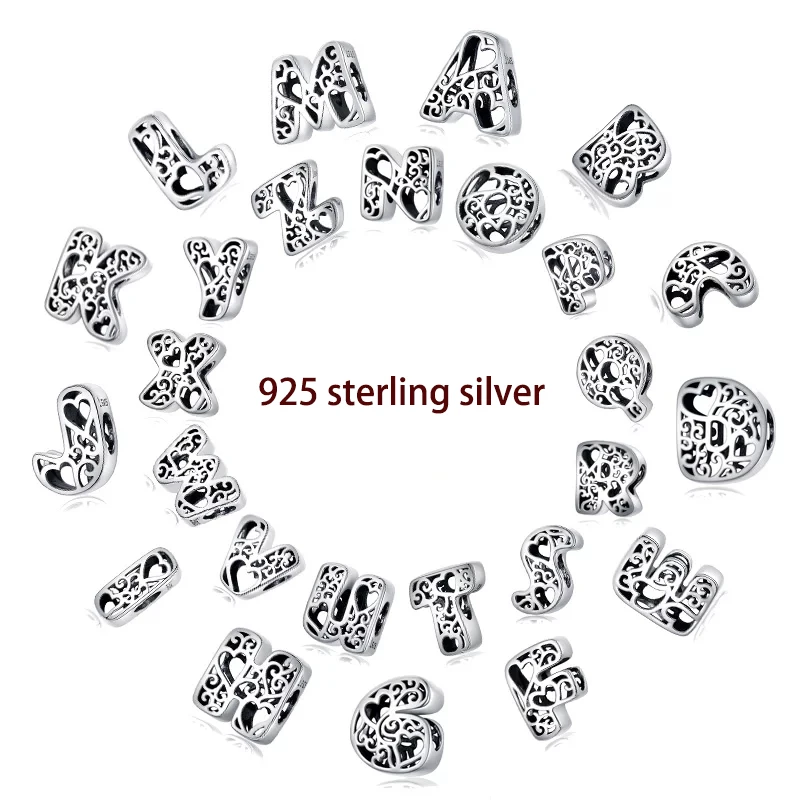 26 алфавитов, A-Z,, серебряные бусины 925 пробы, Подходит для Pandora, браслет, ожерелье, Подвеска для женщин, изготовление ювелирных изделий