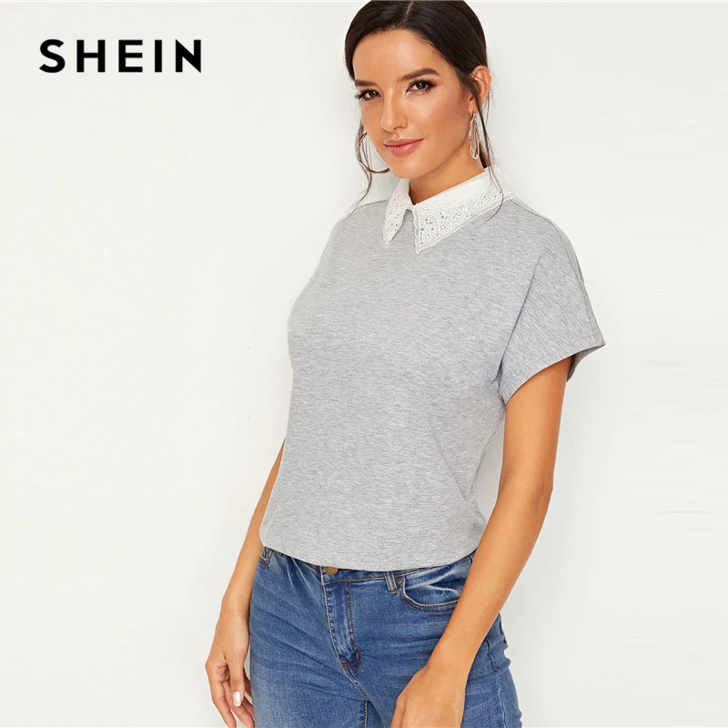 SHEIN серый контрастный вышитый воротник из органзы Повседневная футболка Женские топы осенние базовые футболки с рукавами «летучая мышь» и пуговицами сзади