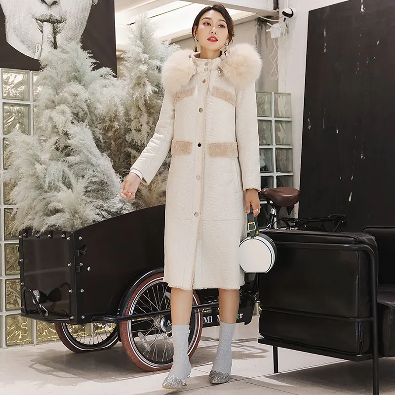 AYUNSUE, натуральное меховое пальто, зимняя куртка для женщин, Воротник из натурального Лисьего меха, натуральное шерстяное меховое пальто, женские теплые длинные куртки, Manteau Femme FY-16
