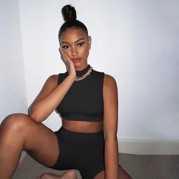 

High Street 2020 Summer Style Sleeveless Turtleneck Tops Short Pants Solid Bodycon Two Piece Women Set Fashion Women's Set