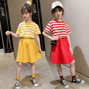 

Kids Girls Clothes Set Summer Yellow Red Striped T-shirts + Skirt 2pcs Suits Children Casual Cotton Outfits Clothing 6 8 10 Year