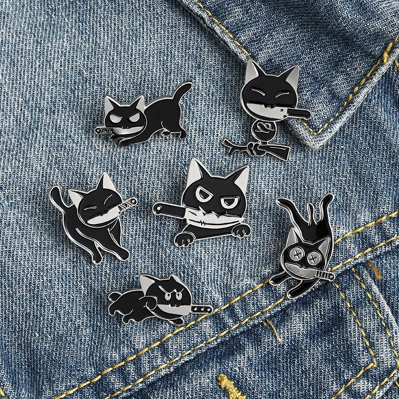 Broches noires Punk chats avec couteau en émail, broches tueur, Badges à revers, mignonnes, bijoux cadeaux pour amis, vente en gros