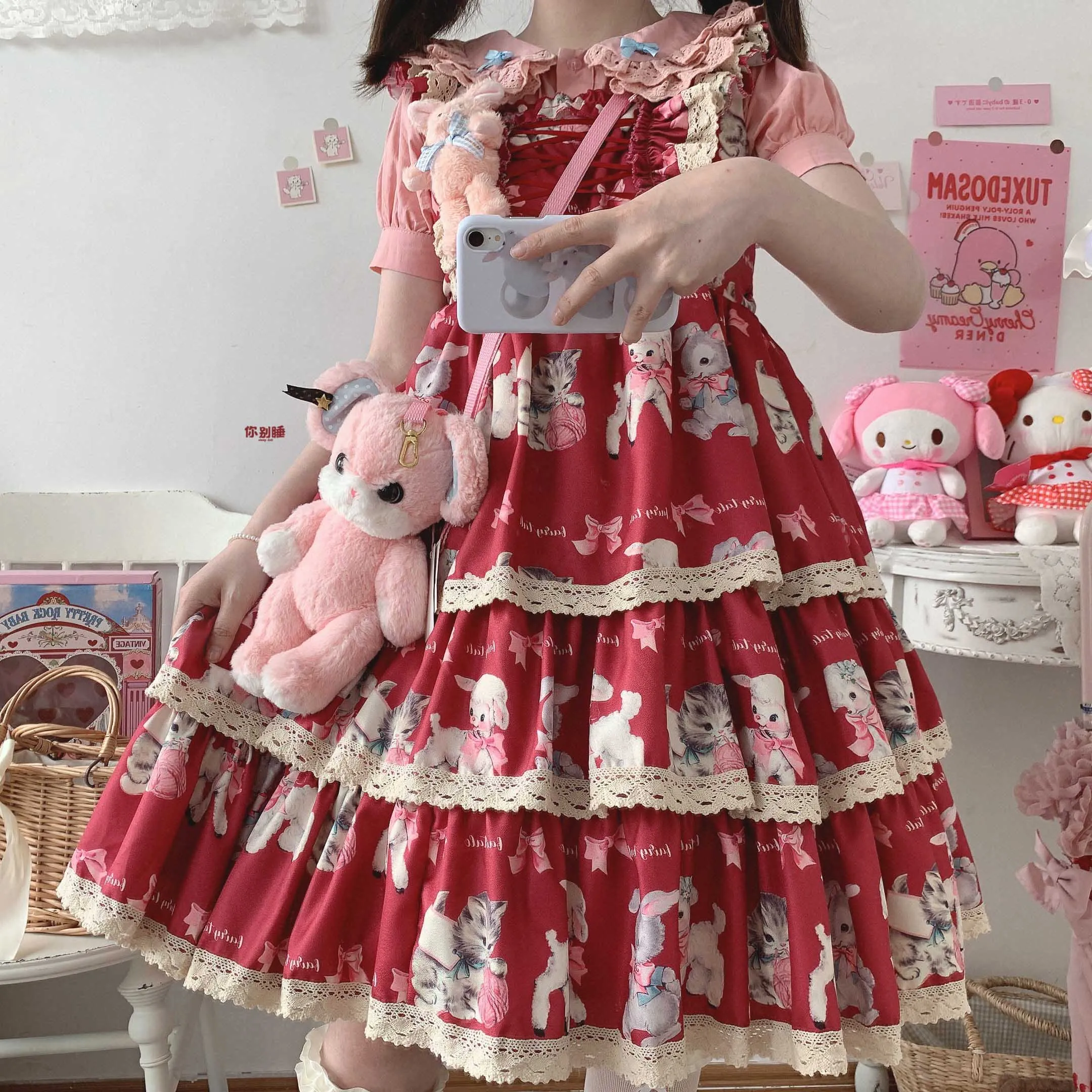 Sweet Cat Cute Girl Daily Cute Printing Lace Bowknot Cartoon Bandage Jsk Dress High Waist Victorian Dress Kawaii Girl Gothic