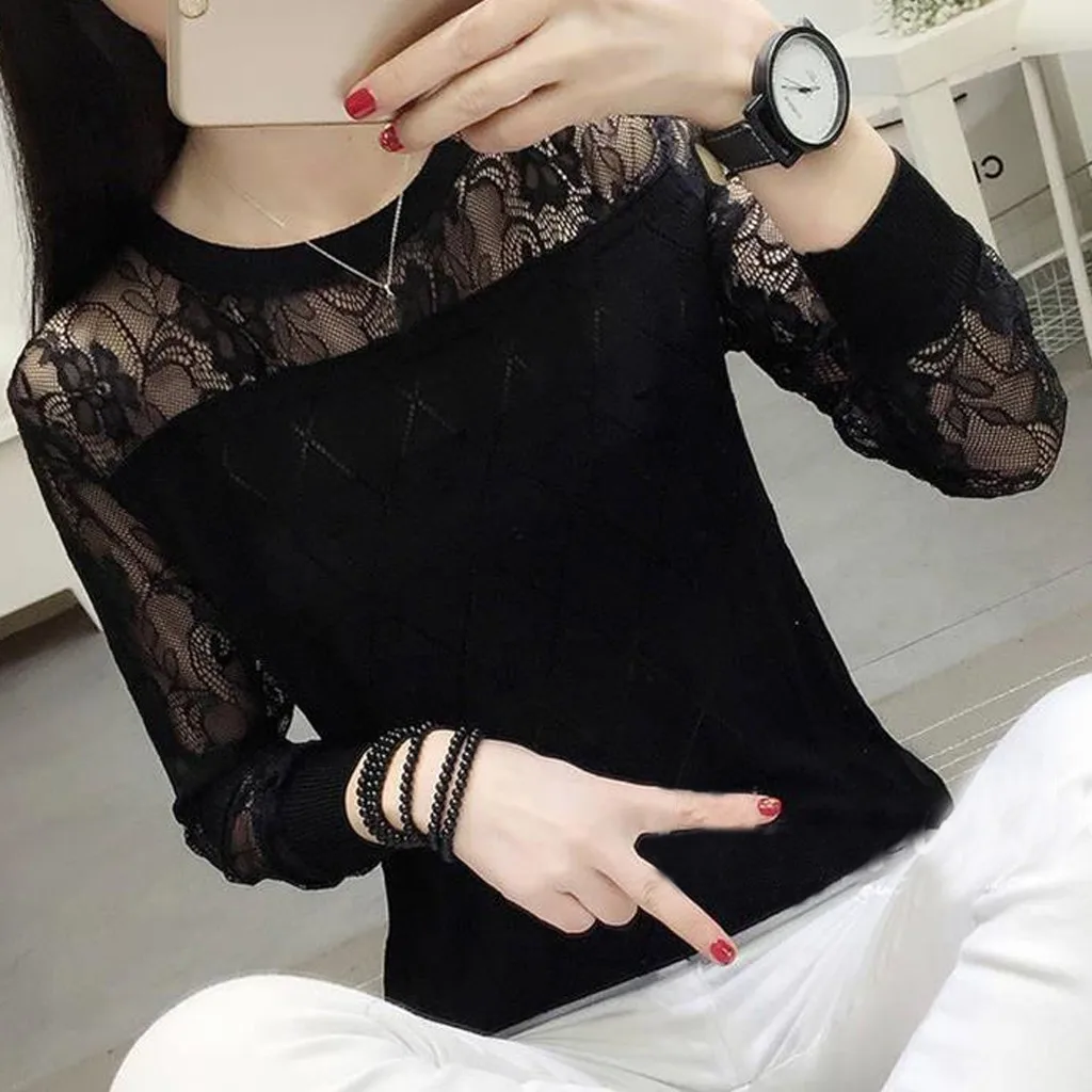Корейская модная блузка женская, плюс размер, однотонная, с длинным рукавом, с круглым вырезом, для отдыха, Осенний кружевной топ, с вырезами, блузка, рубашка, женская