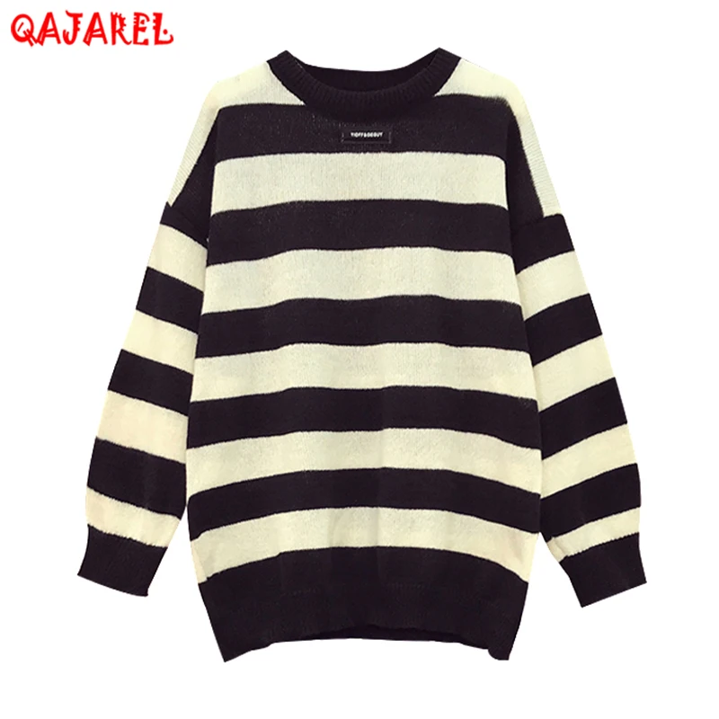 

Autumn Winter Black White Striped Knitted Pullovers Korean Fashion Loose Casual Top Sweater 2024 Women Vintage Thick Warm Sweate