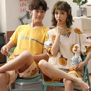 

Summer Couple Clothes Pajamas Short Sleeve Shorts Two-Piece Set Cotton Korean-style Loose-Fit Cute Foreign Men and Women Wear Tr