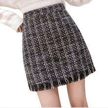 Женская шерстяная мини-юбка, весна-осень, винтажная прямая клетчатая юбка с кисточками и высокой талией, Femininas
