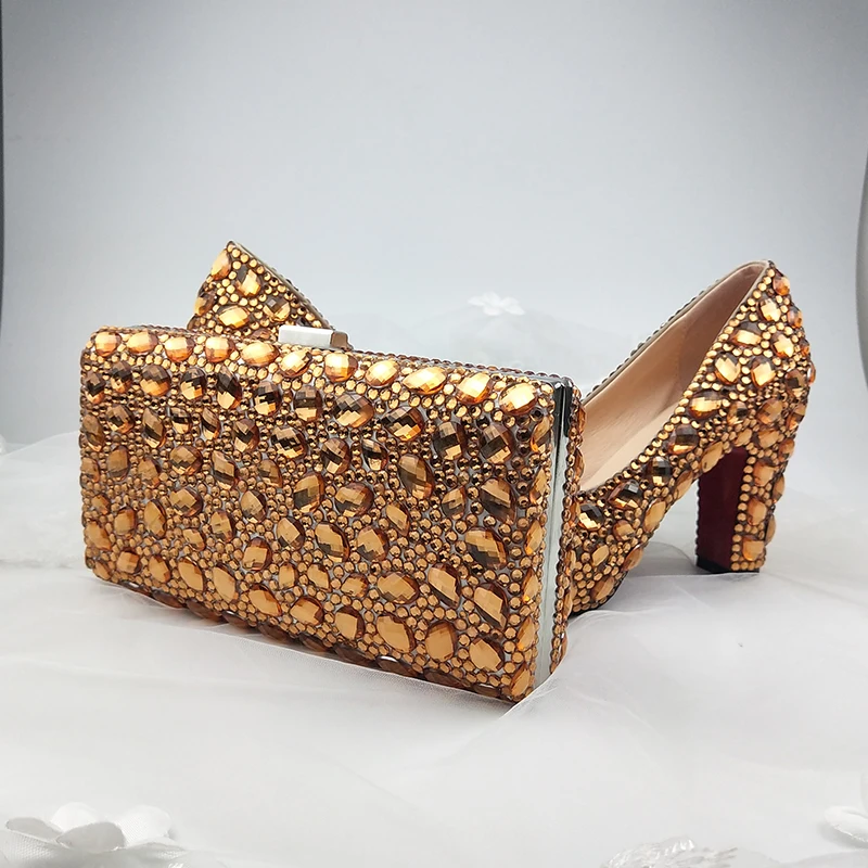 Женская свадебная обувь на толстом каблуке 9 см; обувь для вечеринок с украшением в виде кристаллов и сумочки; модная обувь на платформе; Золотое Платье с круглым носком