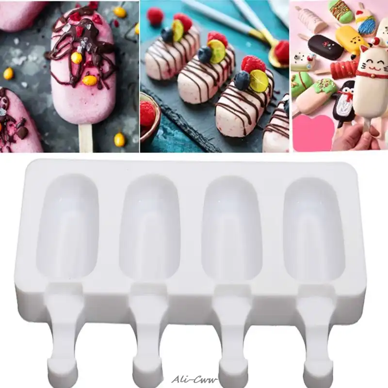 Silicone Frozen Ice Cream Mold Juice Popsicle Maker Ice Lolly Pop Mould 4 Cell 