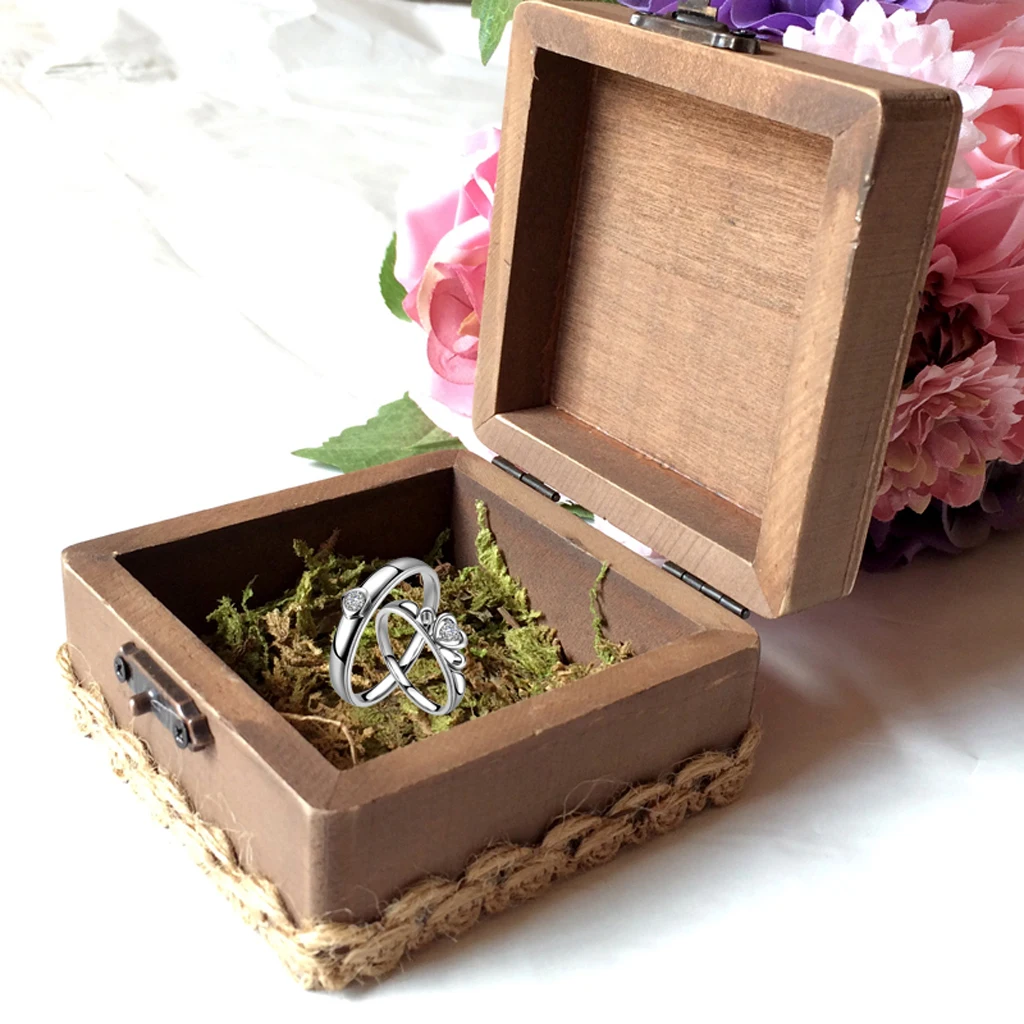 Wedding Ring Bearer Box w/ Heart Decor Wood Display Jewelry Ring Holder Case