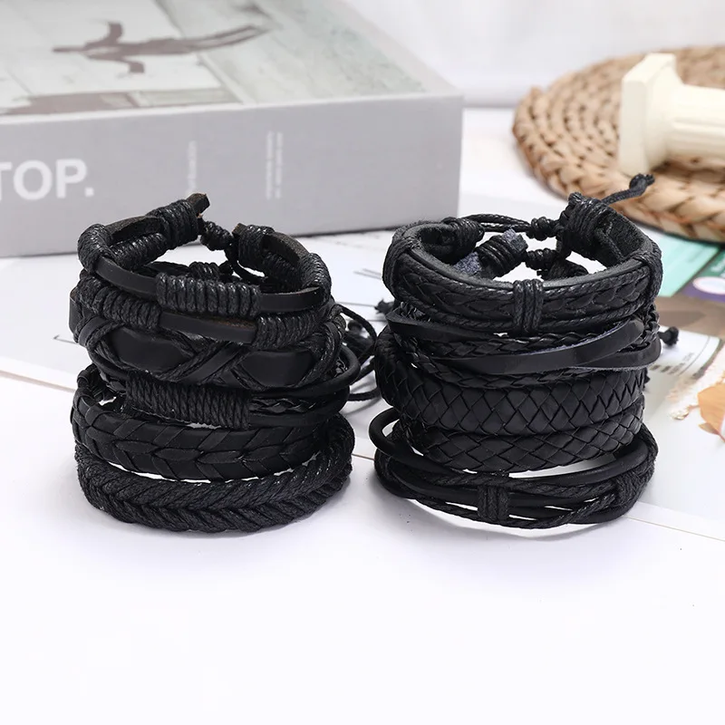 Set of 10 Unisex Handmade Braided Black Leather Bracelets - Minimalist Style