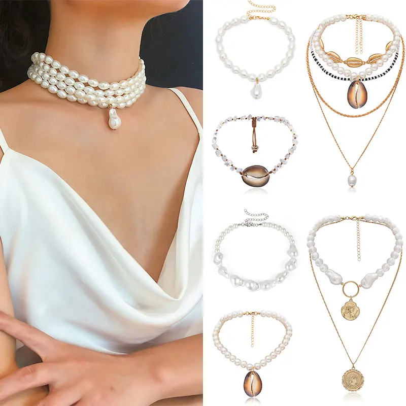 2019 New Arrival Fashion Multilayer Simple Necklace Imitation Pearl Shell Adjustable Pendant Necklaces Accessories 1PC | Украшения и
