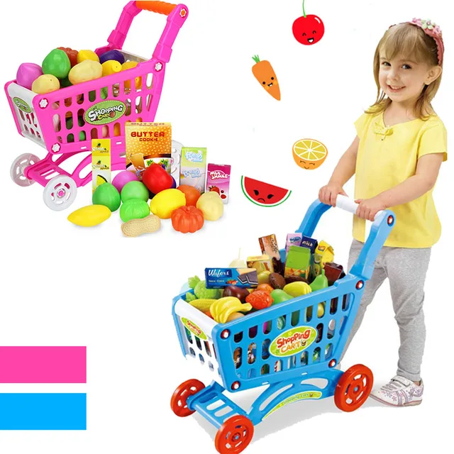 16Pcs Shopping Trolley Cart Supermarket Trolley Push Car Toys Basket Mini Simulation Fruit Food Pretend Play Toy For Children 1