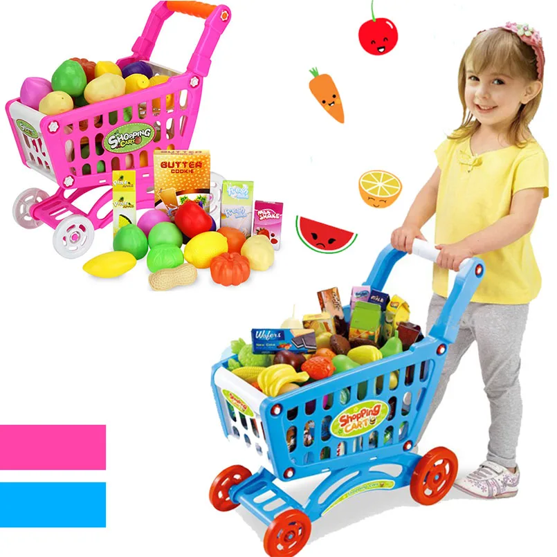Comprar 16 Uds. Carrito de compras carrito de supermercado carrito de empuje coche cesta para juguetes Mini simulación de fruta de alimentos de simulación de juguete para niños