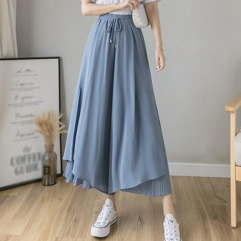 Korean Fashion Summer Pants Women Trousers Loose High Waist Pleated Chiffon Trousers Womens Blue Wide Leg Pants-Skirts denim capris