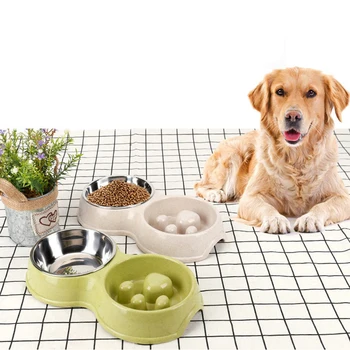 

Dog Bowl Durable Stainless Steel Pet Double Bowls Anti Choke Cat Kitten Food Feeder Puppy Slow Down Eatting Feeding Bowls